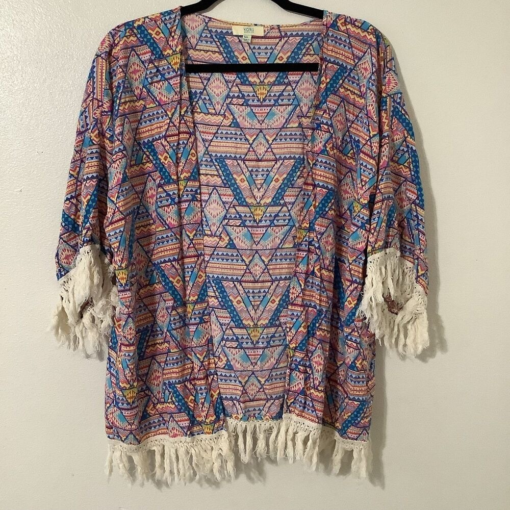 Colorful Fringe Kimono M/L Boho Bohemain Beach Summer Vacation Cruise Resort